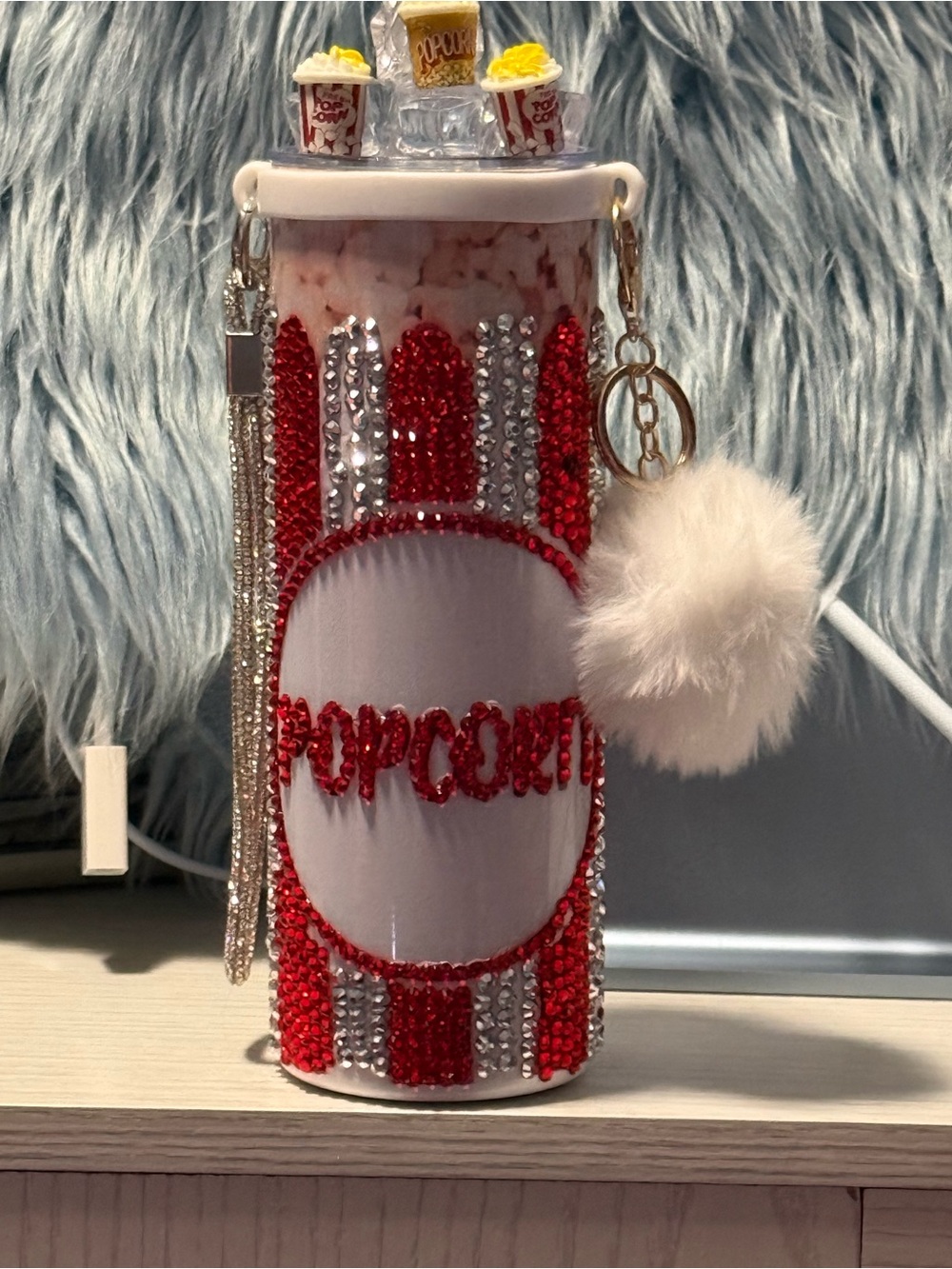 Popcorn Red & White Bling Tumbler Keychain with Pom Pom